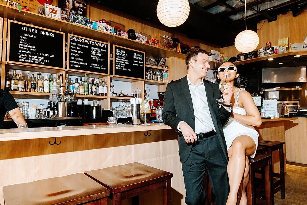 Jasmine and Aaron sharing a romantic moment at Tonari during their Chinatown DC engagement session